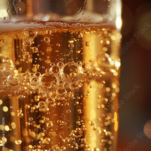 Effervescent soda bubbles dance in a glass