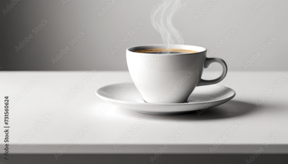 Morning Coffee: A white cup filled with steaming coffee rests on a clean white table, casting a subtle shadow. creating a serene morning scene. Morning Coffee: A white cup filled with steaming coffee rests on a clean white table, casting a subtle shadow. creating a serene morning scene.