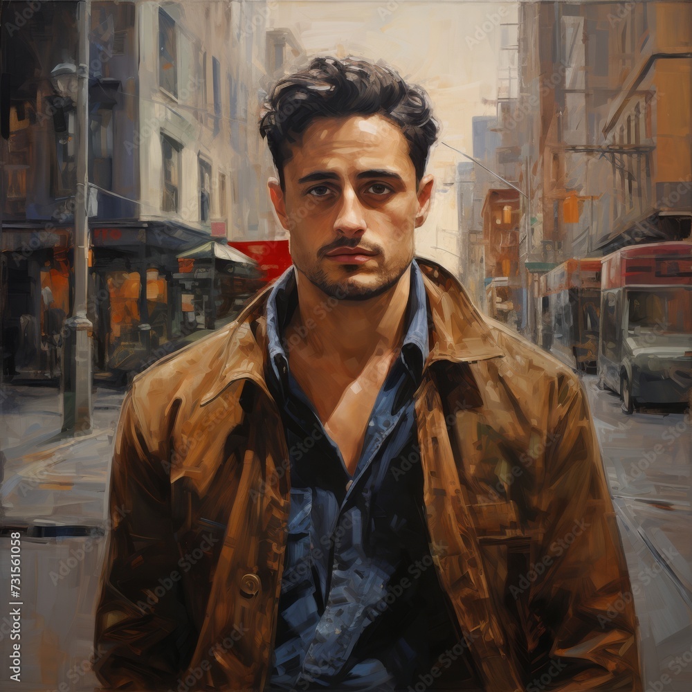 Oil painting of a young man in a city, bold brush strokes Oil painting of a young man in a city, bold brush strokes