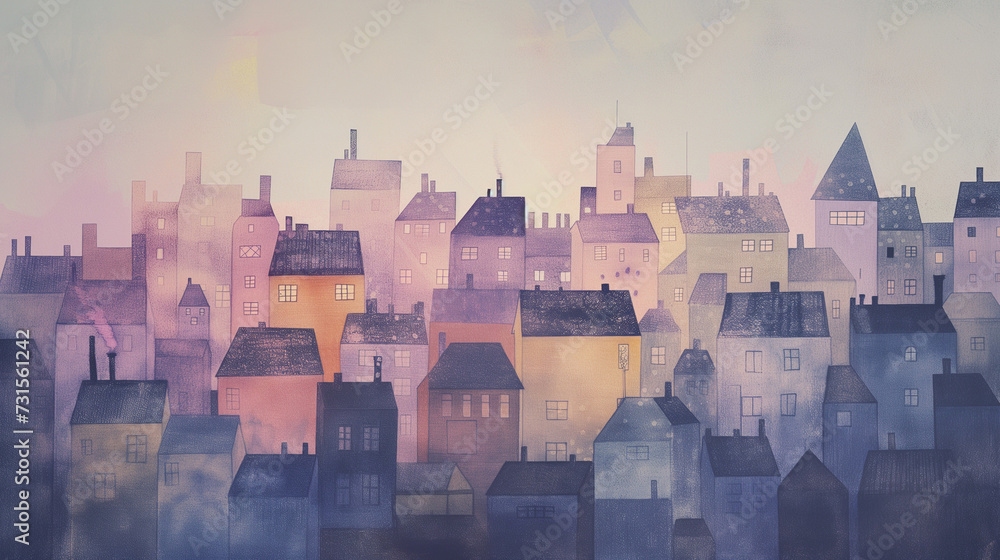Whimsical Watercolor Cityscape at Dusk: Pastel-Hued Storybook Town with Charming Houses and Towers, Serene Sunset Sky with Flocks of Birds, Magical Illustration for Fairytale Imagery