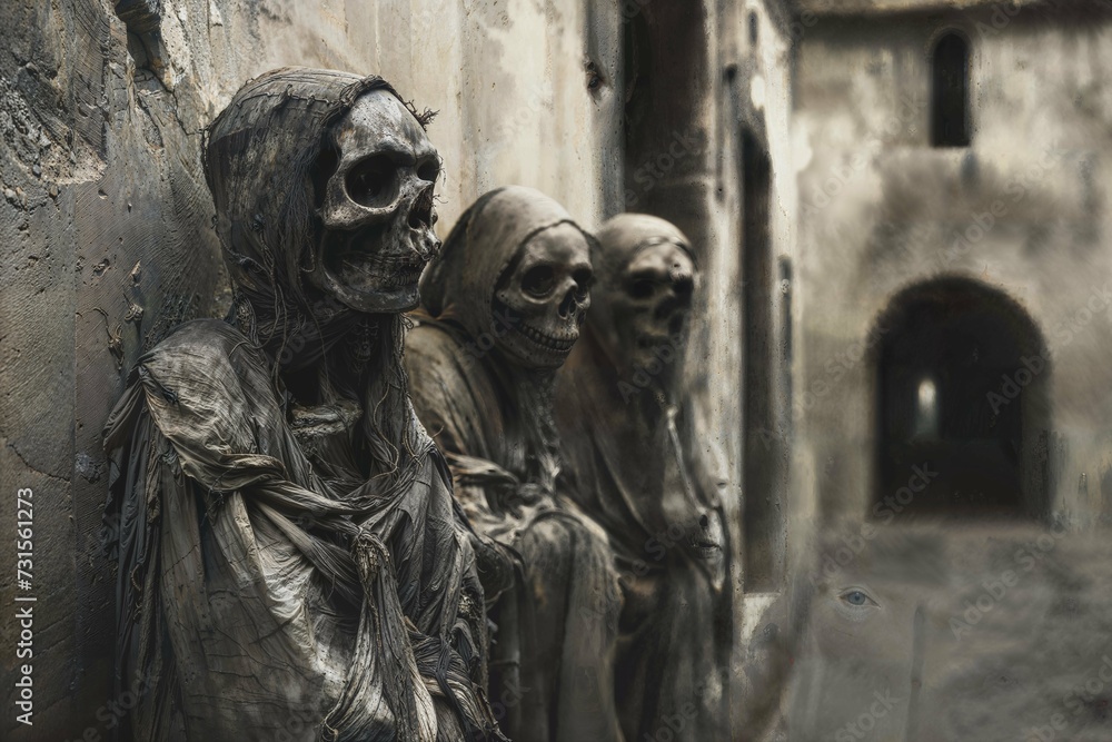 Three skeletal figures standing by a building, AI-generated. Three skeletal figures standing by a building, AI-generated.
