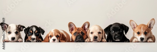 A banner with puppies lying on a white background. Studio photo with dogs, copy space.