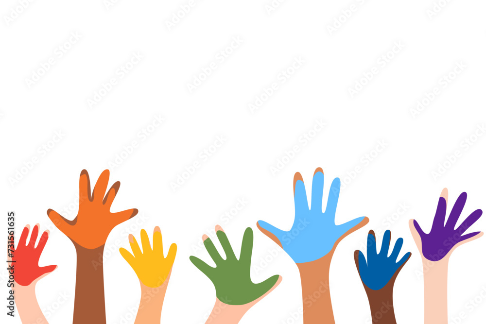 Set of colorful children hands raised up. Different skin tone hands with rainbow paint on in. Set of colorful children hands raised up. Different skin tone hands with rainbow paint on in.