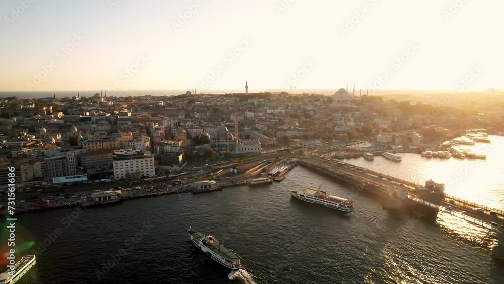 Aerial view of Istanbul at sunset from a drone. Turkey. Cultural centers of Istanbul, bosphorus scenery on golden horn seascapes. Travel concept Aerial view of Istanbul at sunset from a drone. Turkey. Cultural centers of Istanbul, bosphorus scenery on golden horn seascapes. Travel concept