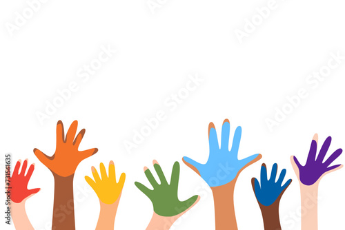 Set of colorful children hands raised up. Different skin tone hands with rainbow paint on in.