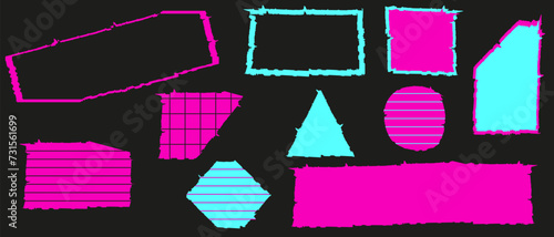 Set trendy Cyber Torn paper sheets with sharp edges and Neon effect isolated black background. Ripped papper pieces collection. Vector illustration can used postcard and banner design EPS 10