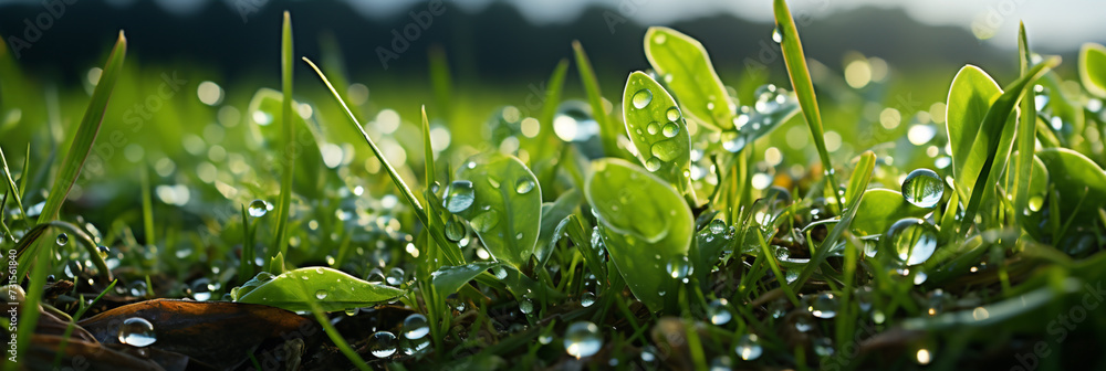 A beautiful macro closeup image of small green natural grass plant bud with water drops on its leaves A beautiful macro closeup image of small green natural grass plant bud with water drops on its leaves