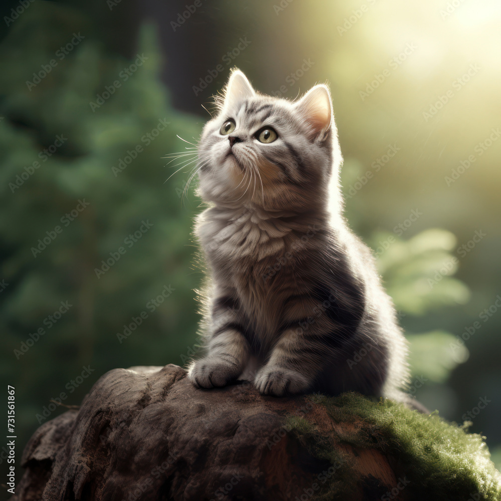 Adorable Domestic Cat Sitting on the Stone, Cute Kitten with Whiskers. Generative AI