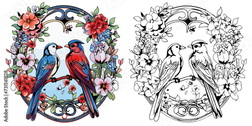 Beautiful Birds and Flowers with Presents Coloring Page Stained Glass Vector Art