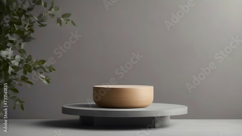 Gray podium for product presentation. Gray pedestal on a background of a gray wall and green leaves.