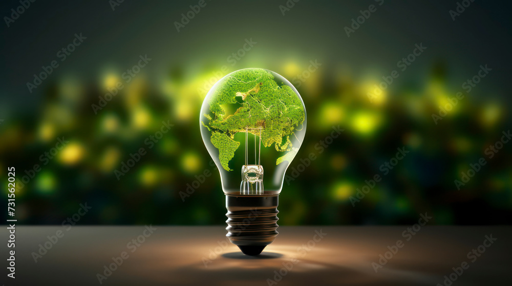 The green world map is on a light bulb that represents green energy Renewable energy that is important to the world. Generative AI The green world map is on a light bulb that represents green energy Renewable energy that is important to the world. Generative AI