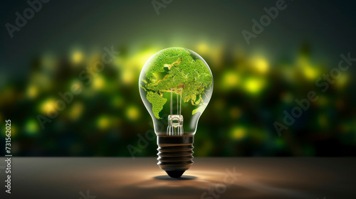 The green world map is on a light bulb that represents green energy Renewable energy that is important to the world. Generative AI