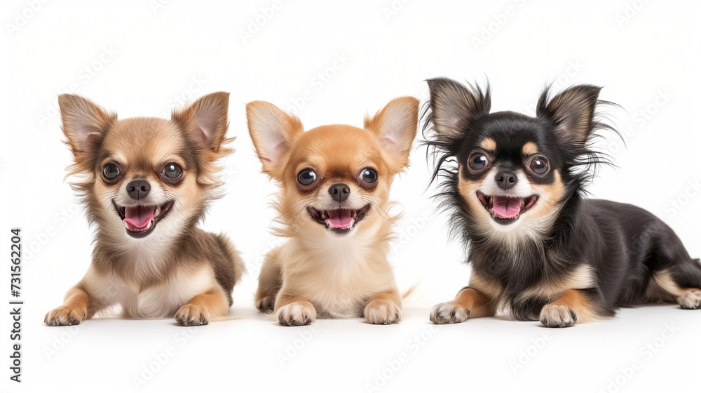 A banner with chihuahua dogs lying on a white background. Studio photo with puppies.
