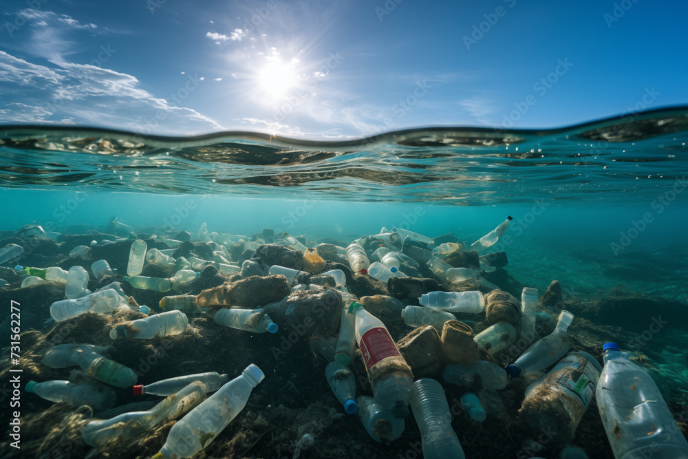 Plastic bottle floating in ocean. Plastic carrier bags and other ...
