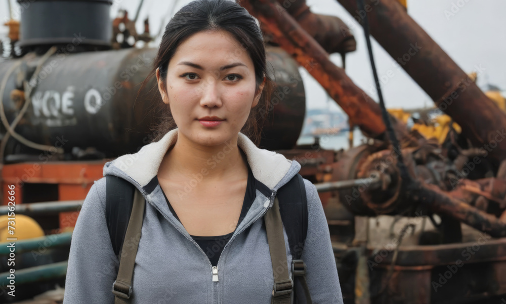 Portrait of a Asian female ship's engineer in port Portrait of a Asian female ship's engineer in port