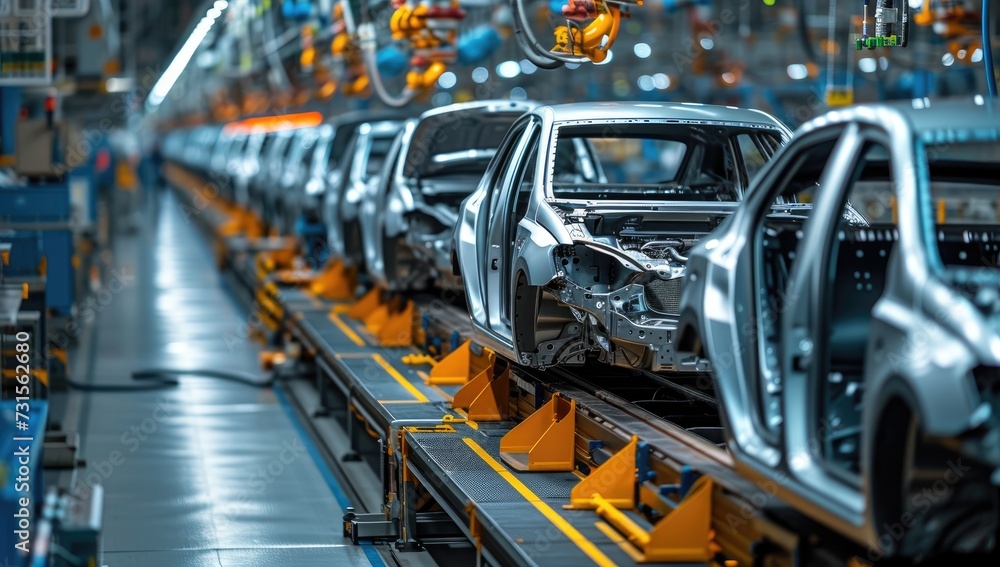 Efficiency meets innovation as robots work seamlessly on a production line, meticulously assembling components to craft a car with precision and speed.