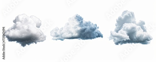 3d render. Collection of random shapes of abstract clouds. Cumulus different views clip art isolated on white background, Generative AI
