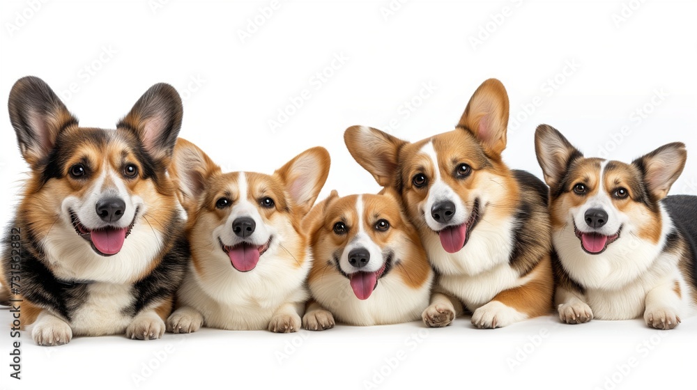 A banner with five happy corgi dogs lying on a white background. Studio photo with puppies.