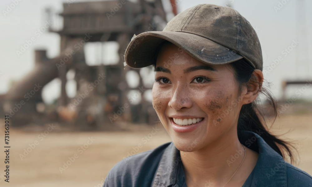 Portrait of a Asian female oil worker, face smeared in mud Portrait of a Asian female oil worker, face smeared in mud