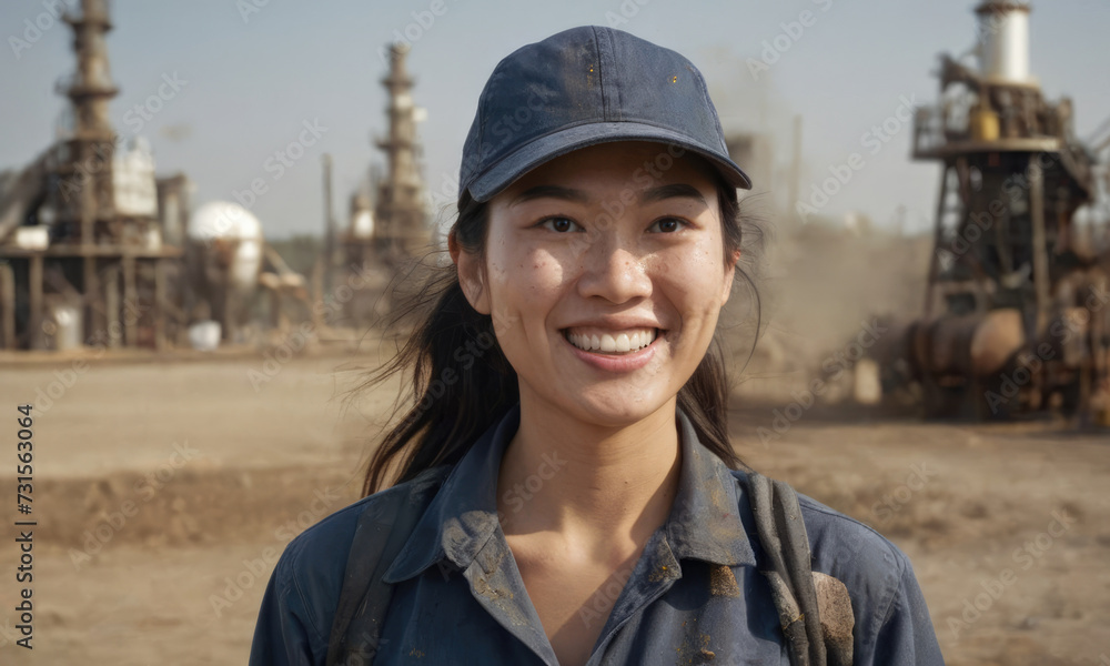 Portrait of a Asian female oil worker, face smeared in mud Portrait of a Asian female oil worker, face smeared in mud