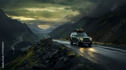Mountaineers travel mountain roads in bad weather at sunset. Generative AI © TOTO