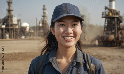 Portrait of a Asian female oil worker, face smeared in mud