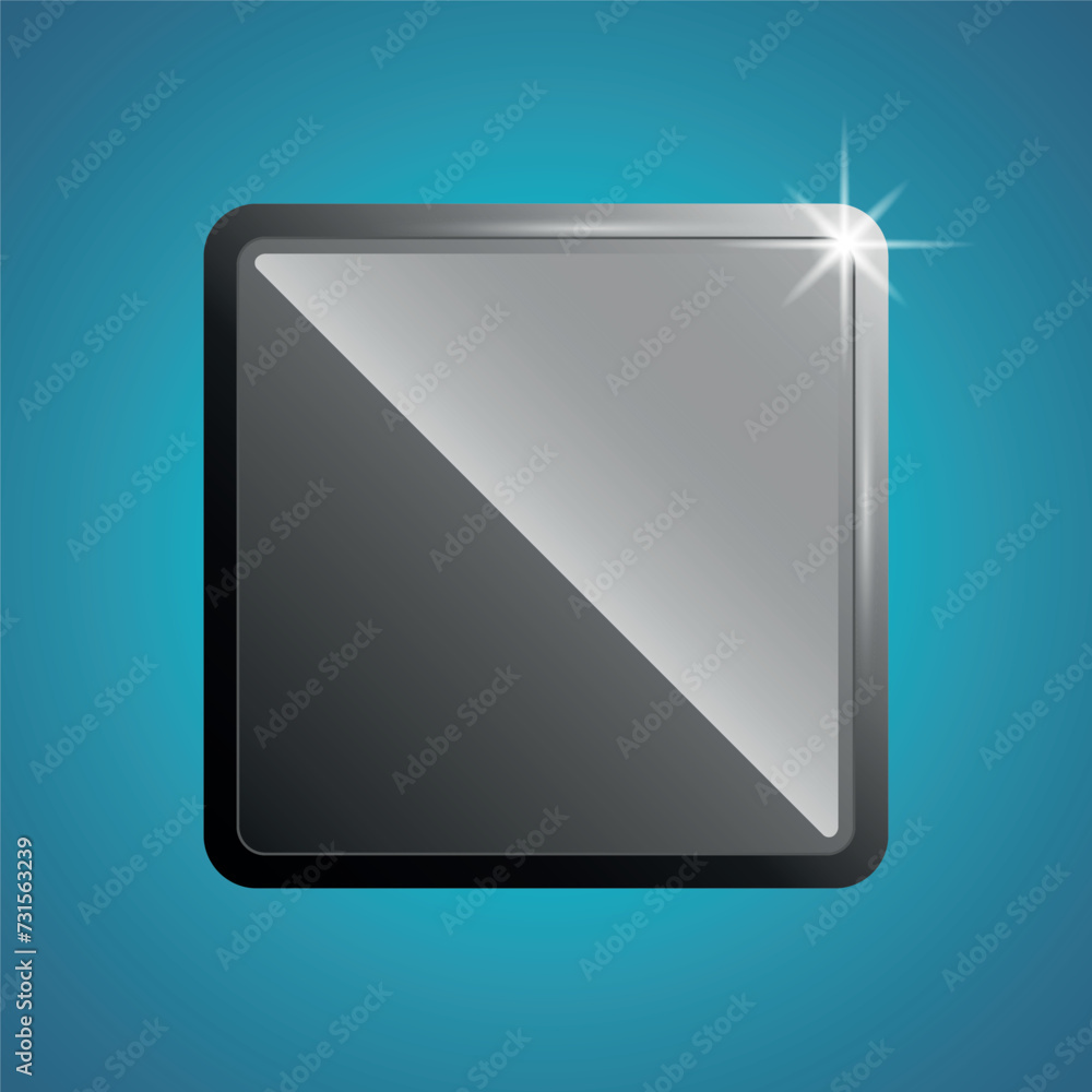 A black glass sparkling square button is isolated on a blue background A black glass sparkling square button is isolated on a blue background