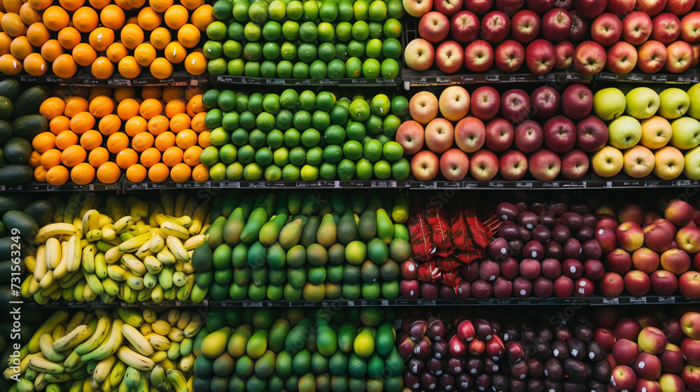 Colorful Array of Fruits on Supermarket Shelves - obrazy, fototapety, plakaty 