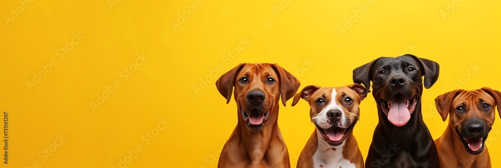 A banner with portrait of four happy dogs on a yellow background. Studio photo with puppies, copy space.