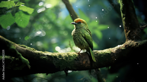 Perching Bird on Tree Branch in Lush Forest Habitat. Generative AI photo