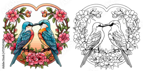 Beautiful Birds and Flowers with Presents Coloring Page Stained Glass Vector Art