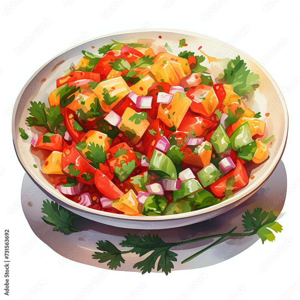 Bell Pepper Salsa, Vegetable foods, Watercolor illustrations.