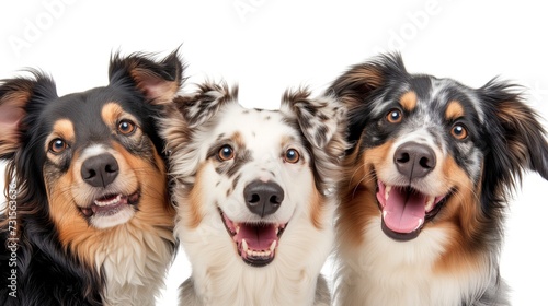 A banner with portrait of three happy border collie dogs on a white background. Studio photo with puppies.