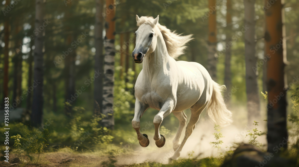 Obraz premium Graceful Stallion Galloping Through Lush Jungle. Generative AI