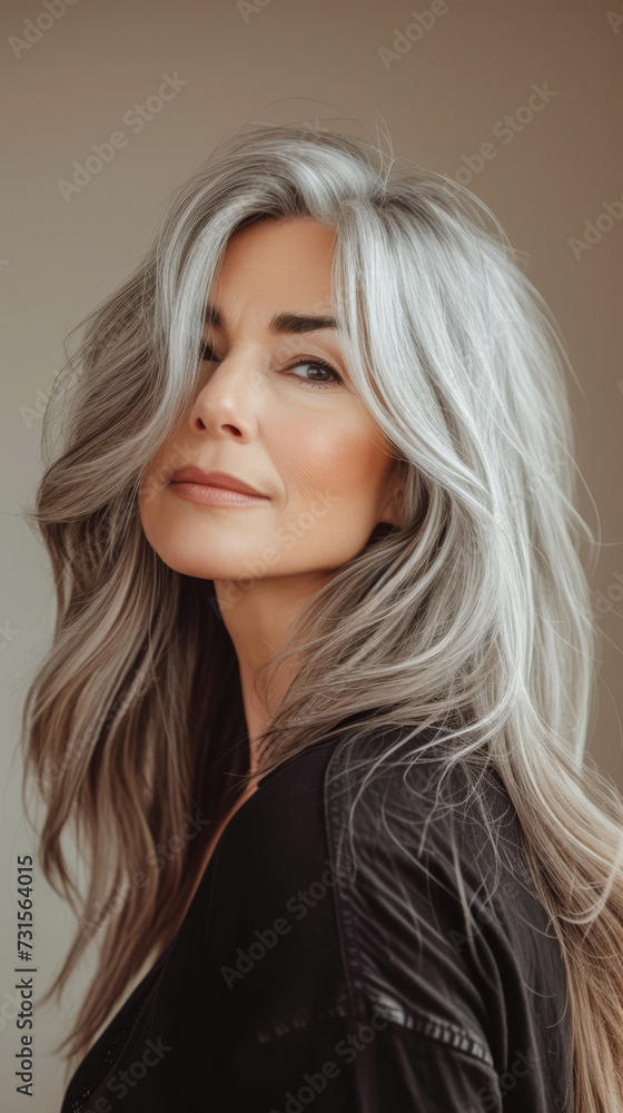 Fototapeta premium Confident middle aged woman portrait with copy space background for text