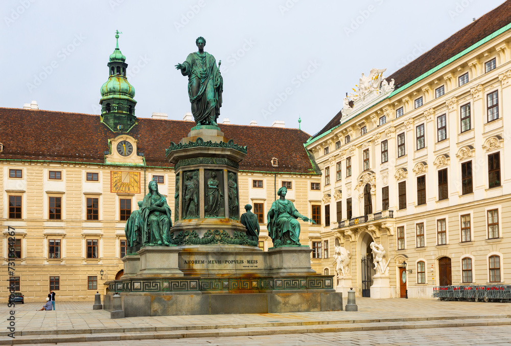 Bronze statue of the first Austrian Emperor Francis II, mounted on a multi-tiered pedestal with the signature 