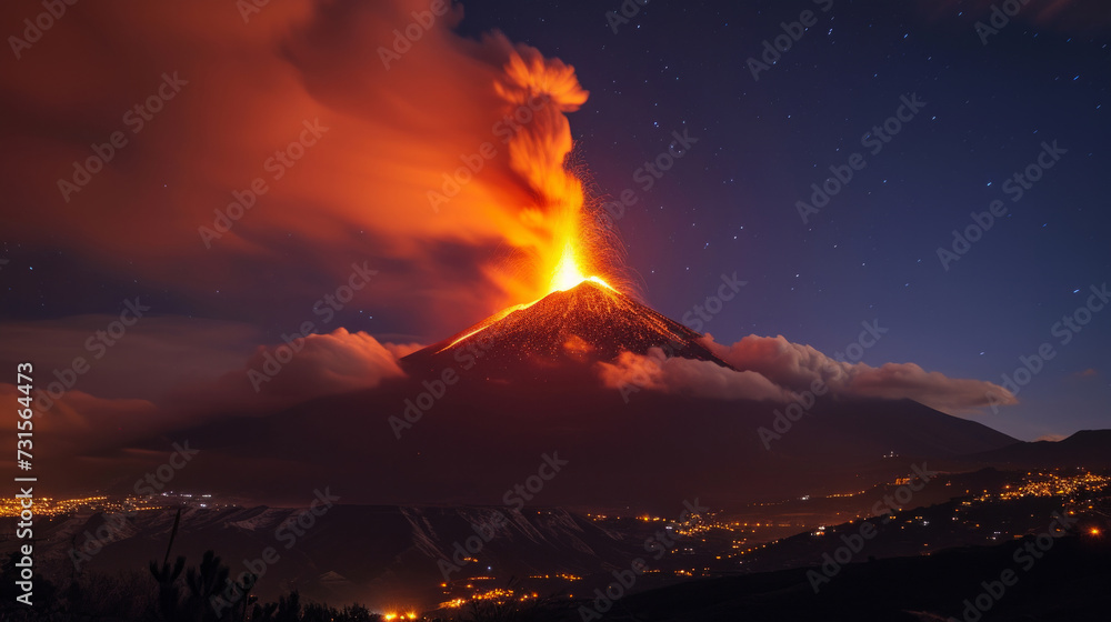 Night eruption of the volcano of fire. Scenic view of volcanic mountain against sky. Beautiful aerial cinematic footage of the lava exploding