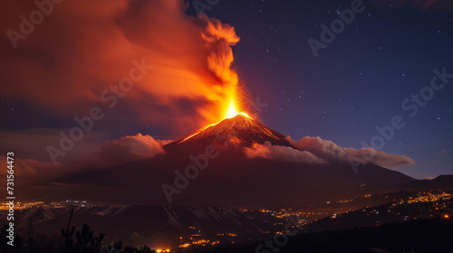 Night eruption of the volcano of fire. Scenic view of volcanic mountain against sky. Beautiful aerial cinematic footage of the lava exploding