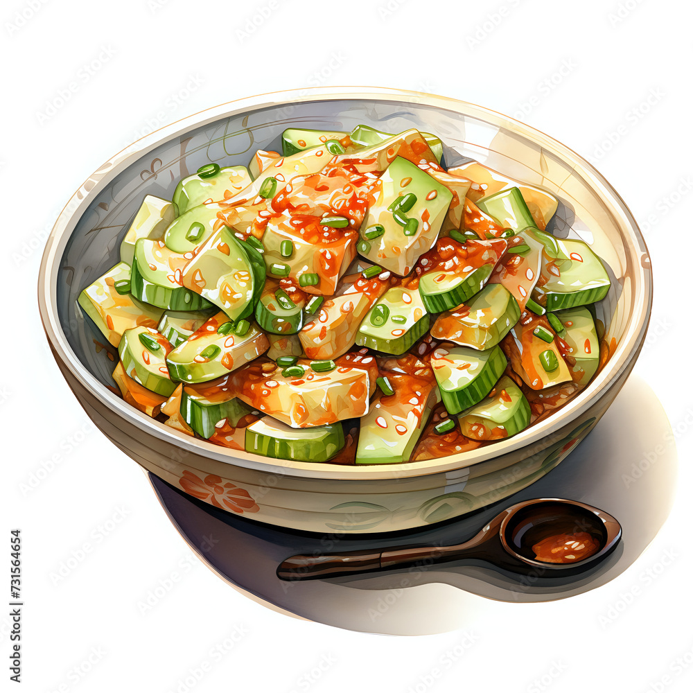 Cucumber Kimchi, Vegetable foods, Watercolor illustrations. Cucumber Kimchi, Vegetable foods, Watercolor illustrations.