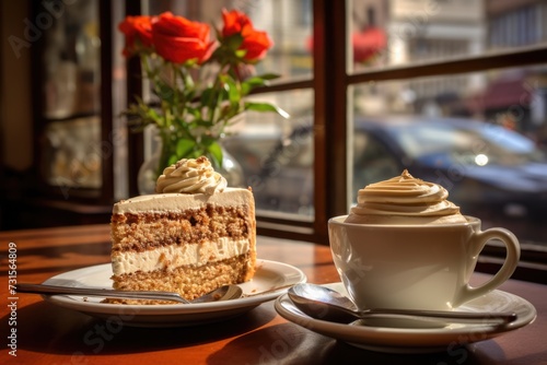 Cozy Coffee Shop Ambiance: Caffee Latte with Cake on Table