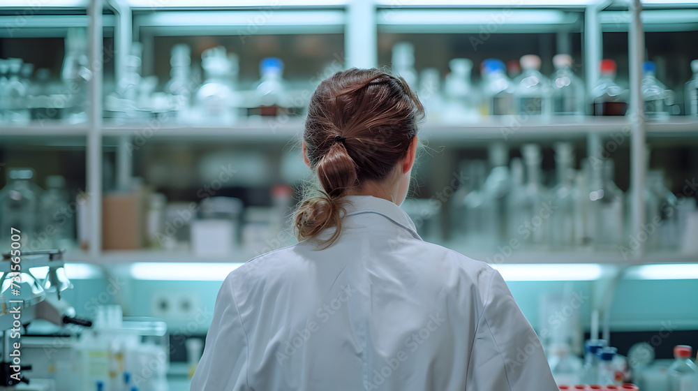 Scientist in White Blouse and Lab Coat Looking at Bottles