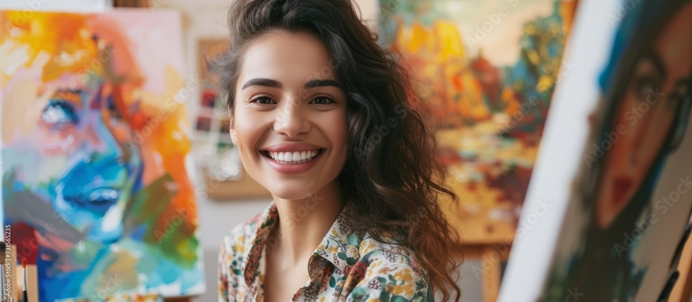 A happy woman is smiling at a painting on an easel, enjoying a fun and visually artsy event. #Smile #Travel #Photomontage A happy woman is smiling at a painting on an easel, enjoying a fun and visually artsy event. #Smile #Travel #Photomontage