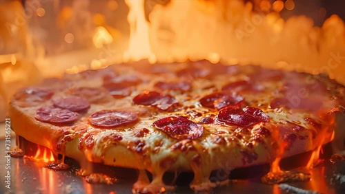 A mouthwatering pizza emerged from a wood-fired oven photo