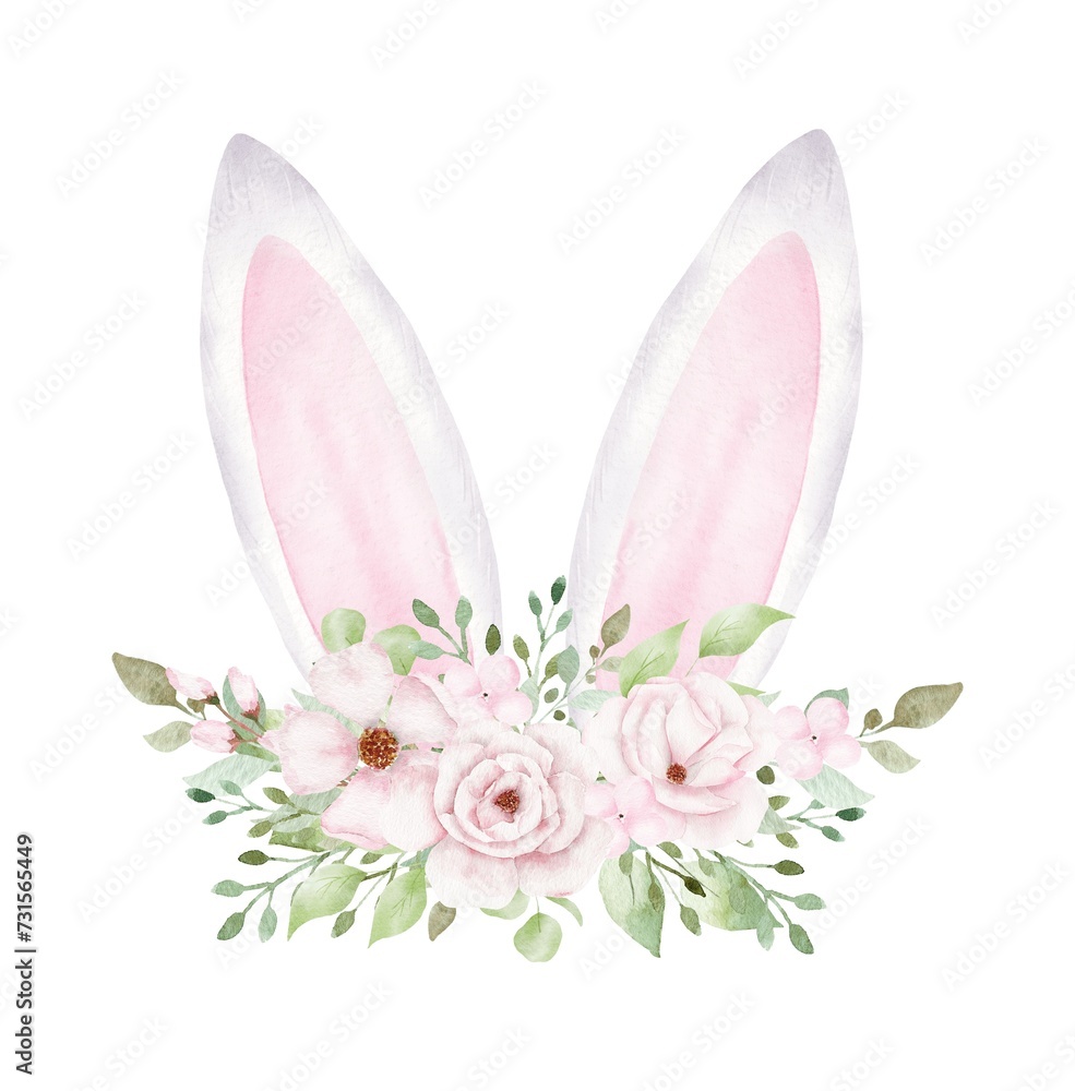 Watercolor Easter Bunny ears with flowers isolated on white background.