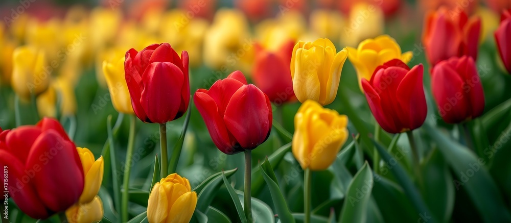 A natural landscape adorned with a beautiful array of red and yellow tulips, accompanied by vibrant green leaves. A natural landscape adorned with a beautiful array of red and yellow tulips, accompanied by vibrant green leaves.