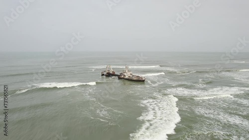 drone view Shipwreck off the Atlantic Ocean coast of Africa Namibia photo