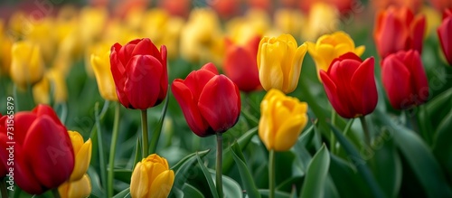 A natural landscape adorned with a beautiful array of red and yellow tulips, accompanied by vibrant green leaves.