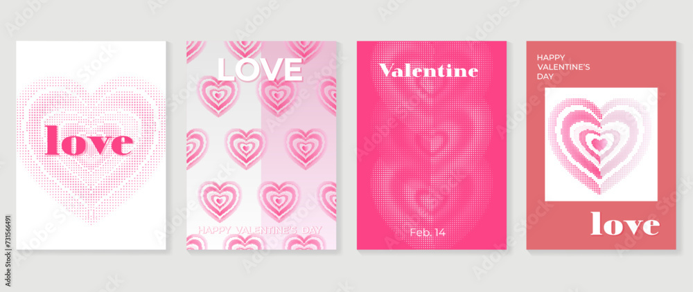      Happy Valentine's day love cover vector set. Romantic symbol wallpaper of geometric shape pattern, heart shaped icon, halftone. Love illustration for greeting card, web banner, package, cover, fa