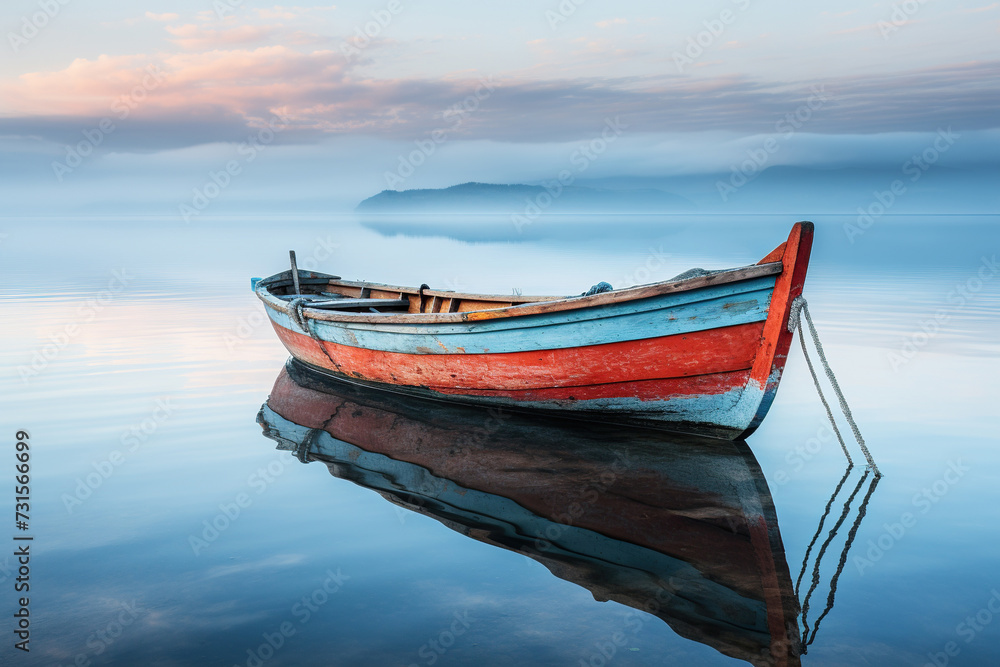Old wooden boat in calm water in the fog. Reflection of a boat on the water. Generated by artificial intelligence