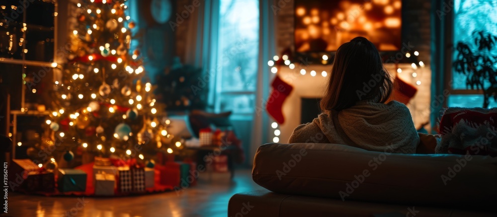 A woman enjoys the festive ambiance, sitting by a Christmas tree adorned with ornaments, in a beautifully designed interior.